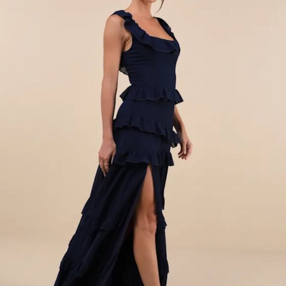 Lulus Compelling Romantic Ruffled Tiered Maxi Dress, Size L in Dark Blue - Picture 2 of 7